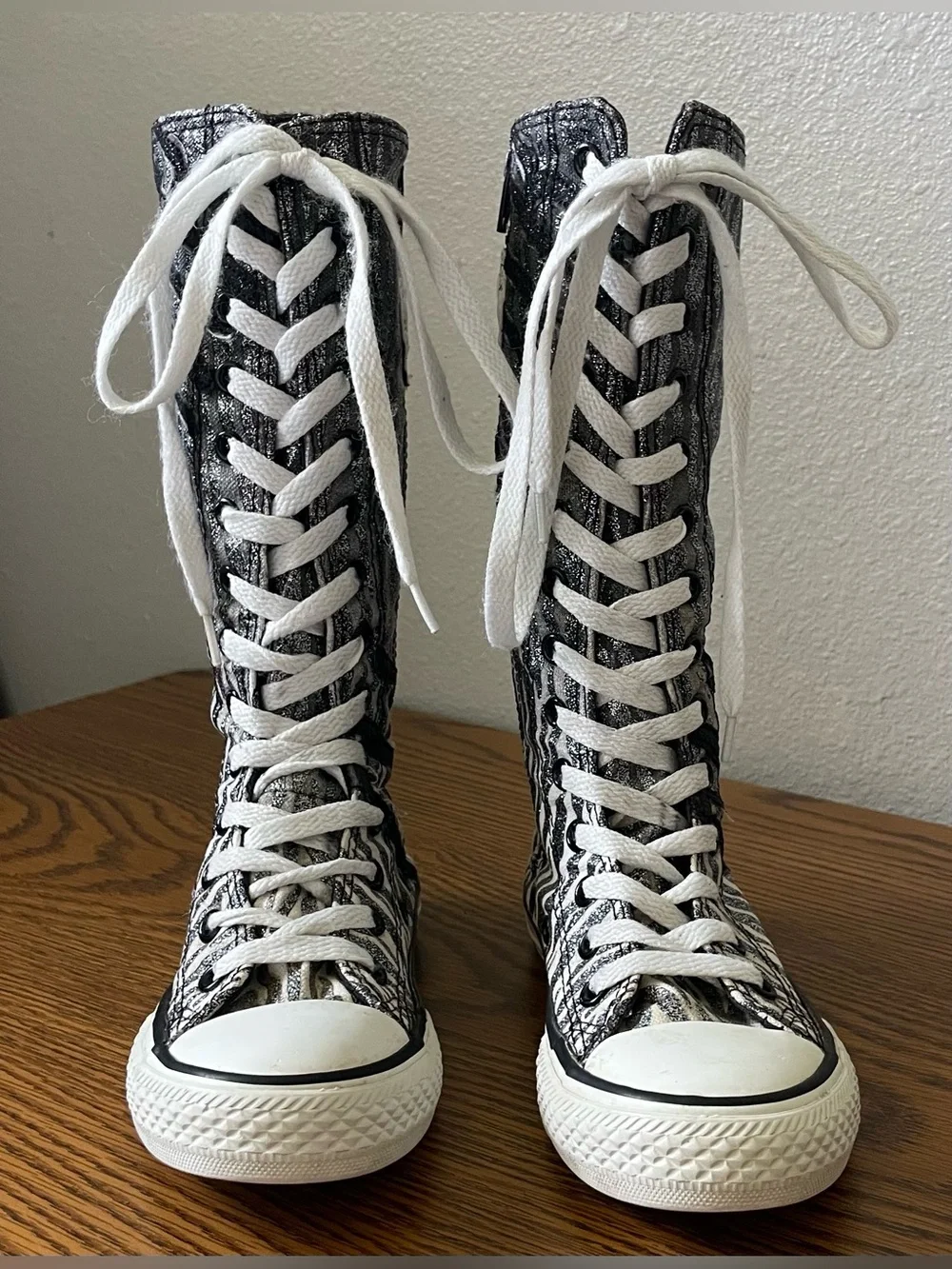 High-Top Zebra Print Lace-Up Sneakers in Black and White